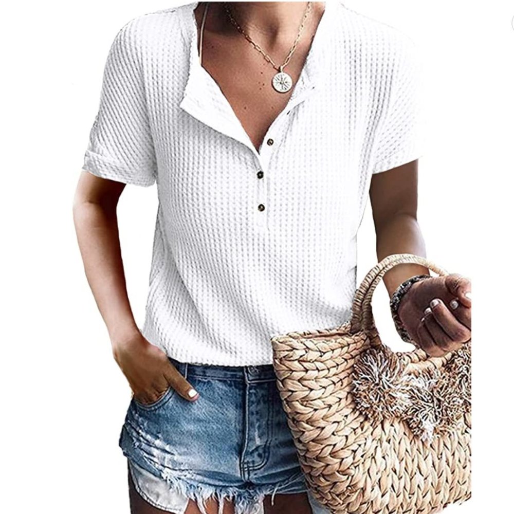 White V-Neck Waffle Knit Henley T-Shirt